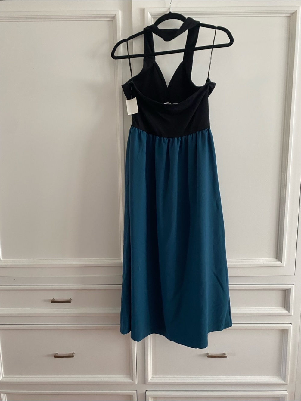 Chelsea28 Black Bodice Teal Midi Halter Dress